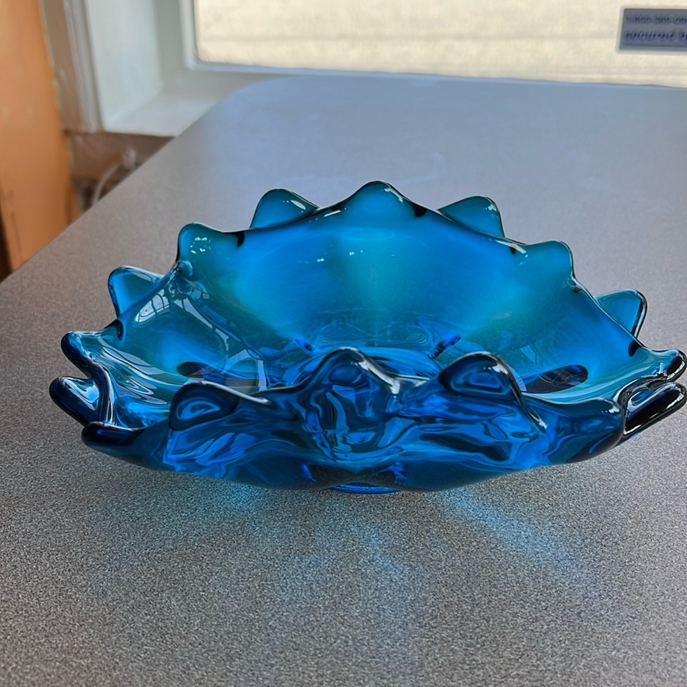 Vintage Viking Glass Blue Double Crimped Edge Folded Bowl Dish